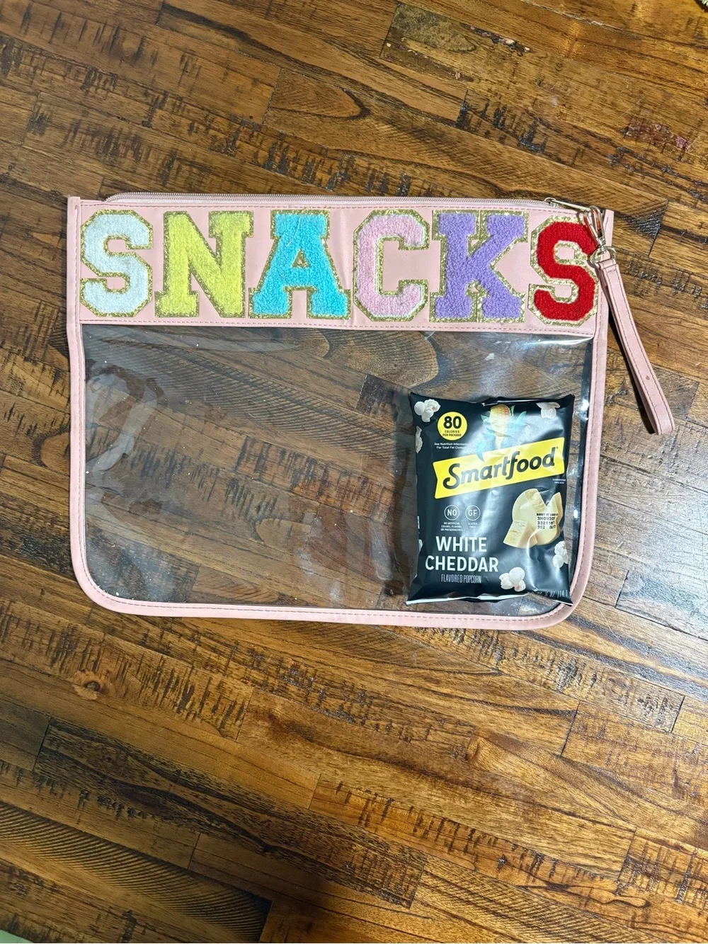 Clear Kids Snack Pouch with Pink Trim and Colorful Lettering
